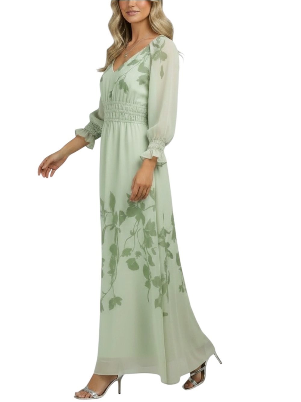 NWT TAYLOR Green Floral Long Sleeve V-Neck Elastic Waist Maxi Dress Size 10